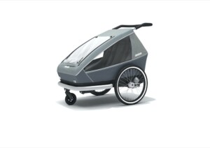 Der "Keeke 2" von Croozer hat Platz für zwei Kinder, eine spezielle "Air Pad"-Federung und lässt sich nicht nur als Sportbuggy, sondern auch als Fahrradanhänger nutzen.